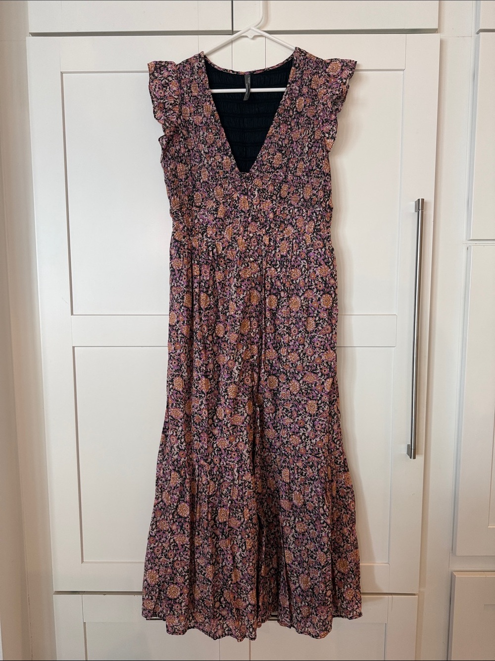 Anthropologie Mauve Pink Floral V-Neck Maxi Dress